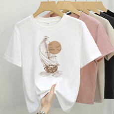 批发棉布白色夏季百搭时尚休闲印花修身显瘦体恤大码短袖t恤女上衣潮