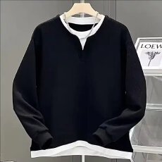 批发日系假两件拼色卫衣男2025秋冬新款卫衣青少年圆领中性风打底衫