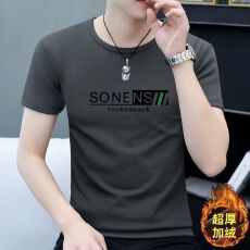 批发加绒加厚印牌秋冬短袖新款圆领潮流修身男士休闲男装半袖体恤