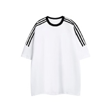 100%棉落肩宽松三条八分杠条纹短袖t恤2026年潮流时尚运动T恤男装