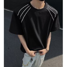 夏季高街重磅垫肩短袖T恤男小众撞色线条设计感网红痞帅小领口t恤