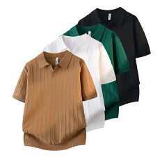 批发2026夏季新品老钱风条纹针织短袖T恤纯色编织坑条V领POLO衫男