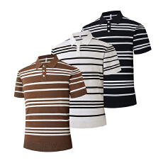 批发夏季新款男士商务针织POLO衫休闲百搭条纹冰丝毛衣短袖男T恤衫