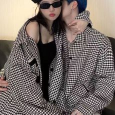 批发中性千鸟格毛呢外套女春秋薄款2026新款设计感字母刺绣长袖上衣潮