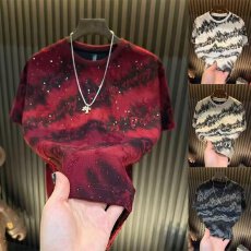 新款满天星字母短袖男士潮牌亮闪破洞上衣爆款轻奢半袖圆领潮流男