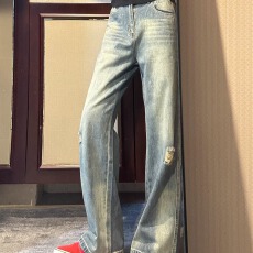 批发美式cleanfit复古休闲破洞设计感牛仔裤男百搭水洗宽松直筒长裤子