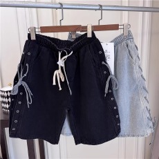 复古织带牛仔短裤男女生设计感宽松国潮夏季薄款休闲水洗五分裤子