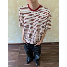 美式复古撞色条纹小众设计感棉短袖T恤慵懒风百搭休闲体恤男女