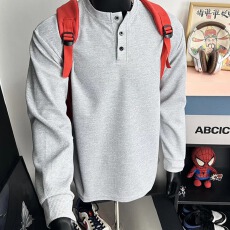 美式亨利领长袖t恤体恤衫男春秋季宽松休闲内搭打底衫上衣