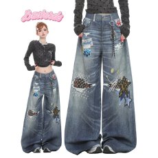 批发炸街牛仔裤<b class='q'>女</b>美式高街重工贴布拼接裤子复古水洗阔腿垂感休闲裤