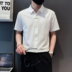 批发冰丝薄款黑色衬衫男士短袖夏季高级宽松半袖外套休闲发型师衬衣