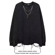 批发美式嘻哈满天星项链长袖纯棉卫衣男新款ins潮牌下摆破洞打底T上衣