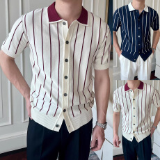 批发日系竖条纹针织<b class='q'>男</b>短袖ins潮流休闲百搭寸<b class='q'>衫</b>痞帅夏季薄款细针毛衣