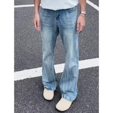 cleanfit蓝色闪电纹牛仔裤男款美式修身显瘦弯刀裤直筒微喇裤