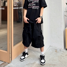 批发潮牌美式复古水洗多口袋七分牛仔裤男女款夏季百搭宽松阔腿短<b class='q'>裤子</b>