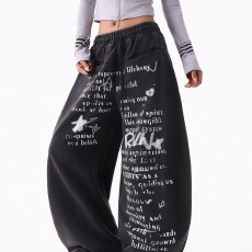 批发个性炸街韩式街头字母印花<b class='q'>休闲裤</b>女春秋卫裤新款休闲百搭阔腿裤