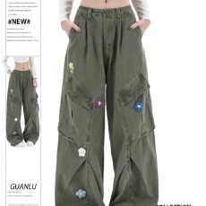 批发军绿色花朵刺绣弯刀工装牛仔裤女夏季高腰宽松显瘦梧桐阔腿长裤子