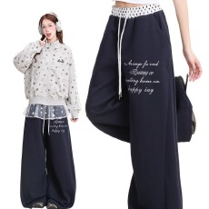 批发韩版弯刀卫裤复古波点腰头刺绣卫裤女爵士舞阔腿裤轻亚宽松<b class='q'>休闲裤</b>