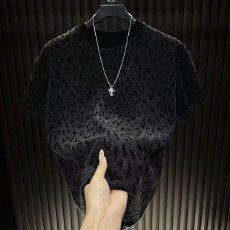 轻奢豹纹短袖t恤男夏季韩版潮流简约半袖上衣黑色休闲潮牌体恤衫