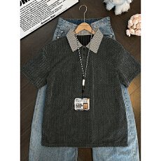 批发美式鱼骨纹拼接短袖POLO衫男<b class='q'>夏季</b>老钱风休闲<b class='q'>T</b><b class='q'>恤</b>潮流痞帅宽松上衣