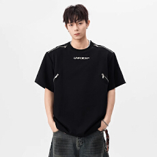 美式设计感潮流解构拉链垫肩短袖T恤男重磅潮牌痞帅半袖上衣