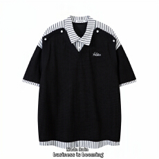 高级感翻领拼接假两件polo衫男夏季小众设计感宽松衬衫领短袖T恤