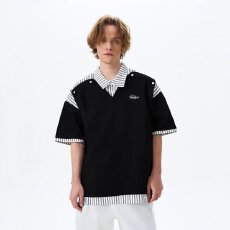 欧式高级感翻领拼接假两件polo衫男夏季宽松衬衫领短袖T恤