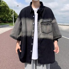 短袖牛仔衬衫男夏季美式潮牌痞帅宽松慵懒风情侣男装半袖寸衫外套