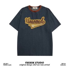 新款美式街舞vine做旧字母贴布刺绣T恤男女宽松圆领短袖ins情侣