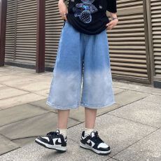 渐变色牛仔七分裤男潮ins高街港风阔腿裤子直筒宽松百搭7分八分裤