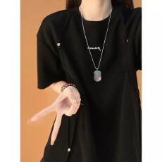 黑色解构拼接短袖t恤男夏季美式印花正肩上衣青少年宽松五分半袖