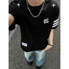 国潮牌黑色青少年短袖t恤男女夏季重磅宽松美式高街字母刺绣上衣