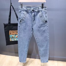 批发高端浅色牛仔裤男夏季新款修身哈伦萝卜九分裤潮流休闲长裤子