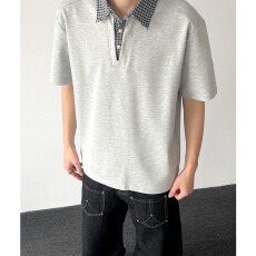 批发假两件格子拼接短袖t恤男夏季宽松设计感潮牌半袖POLO衫