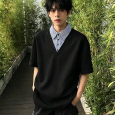 批发假两件<b class='q'>衬衫</b>领T恤<b class='q'>男</b>夏季美式痞帅短袖POLO衫重磅格纹拼接半袖