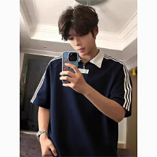 批发学院风条纹短袖T恤男款夏季痞帅翻领半袖衣服美式潮流百搭polo衫
