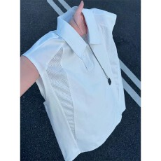 批发白色解构网眼拼接速干背心男夏季透气无袖T恤翻领Polo衫运动坎肩