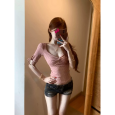 批发美式辣妹波点粉色正肩短袖t恤女夏季新款修身显瘦<b class='q'>甜美</b>绑带上衣tee