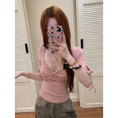 批发美式辣妹波点粉色正肩短袖t恤女夏季新款修身显瘦<b class='q'>甜美</b>绑带上衣tee