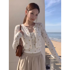 批发韩系提花<b class='q'>甜美</b>两件套女早秋设计感印花吊带背心开衫外套日常百搭