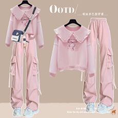 批发韩系多巴胺巨好看的少<b class='q'>女</b><b class='q'>大</b><b class='q'>童</b>娃娃领卫衣学生秋季时髦穿搭一整<b class='q'>套装</b>