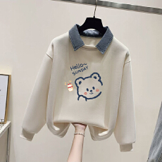 批发女大童假两件卫衣女学院风秋冬初高中生韩系宽松设计感<b class='q'>牛仔</b>领上衣