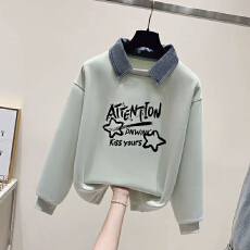批发女大童假两件卫衣女学院风秋冬初高中生韩系宽松设计感<b class='q'>牛仔</b>领上衣