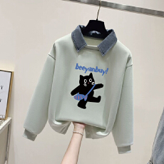 批发女大童假两件卫衣女学院风秋冬初高中生韩系宽松设计感<b class='q'>牛仔</b>领上衣