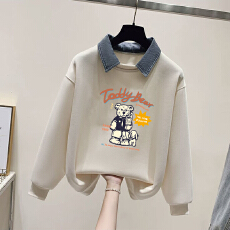 批发女大童假两件卫衣女学院风秋冬初高中生韩系宽松设计感<b class='q'>牛仔</b>领上衣