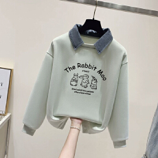 批发女大童假两件卫衣女学院风秋冬初高中生韩系宽松设计感<b class='q'>牛仔</b>领上衣