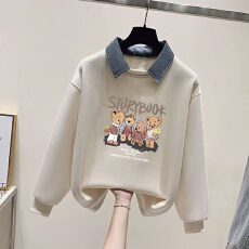 批发女大童假两件卫衣女学院风秋冬初高中生韩系宽松设计感<b class='q'>牛仔</b>领上衣