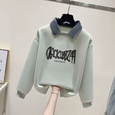 批发女大童假两件卫衣女学院风秋冬初高中生韩系宽松设计感<b class='q'>牛仔</b>领上衣