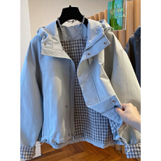 批发韩系浅蓝色连帽风衣<b class='q'>外套</b>女春秋2025新款<b class='q'>宽松</b>格子内衬短款工装上衣