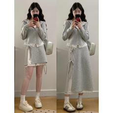 批发大码胖mm<b class='q'>蕾丝</b>拼接连帽上衣女秋季高腰半身裙韩系气质休闲两件套装